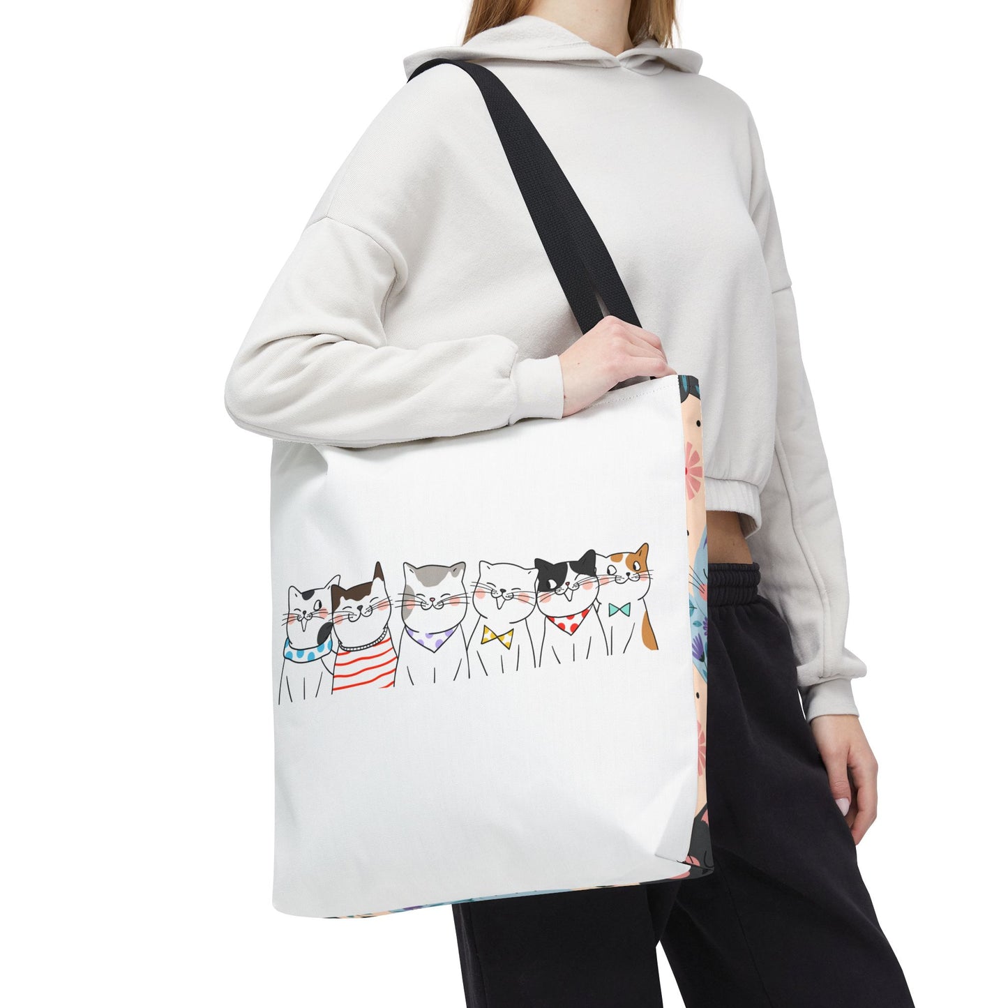 Cat-Themed Tote Bag – Cute Floral Cat Bag, Kawaii Gift for Cat Lovers, Eco-Friendly Canvas Shopping Bag