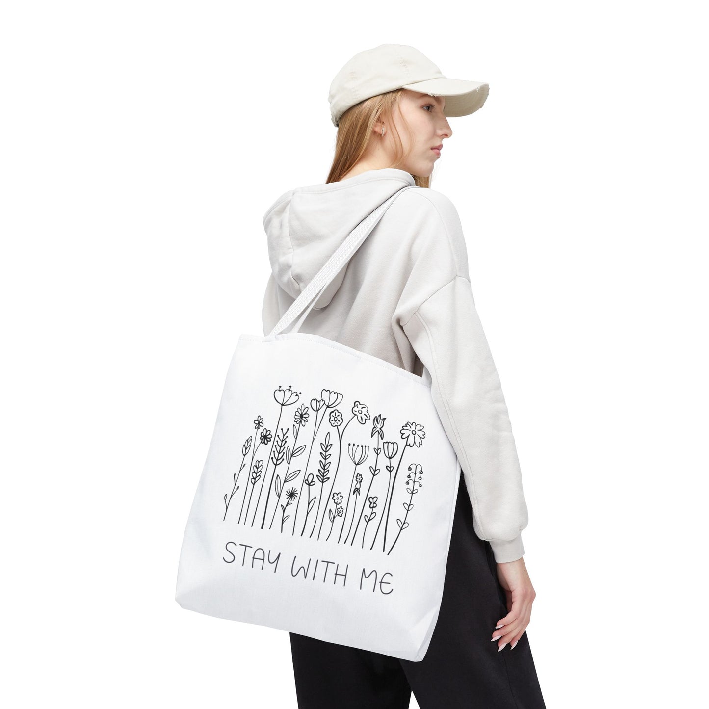 Floral Tote Bag - "Stay With Me" Design, Eco-Friendly Reusable Handbag, Everyday Carryall, Gift for Her
