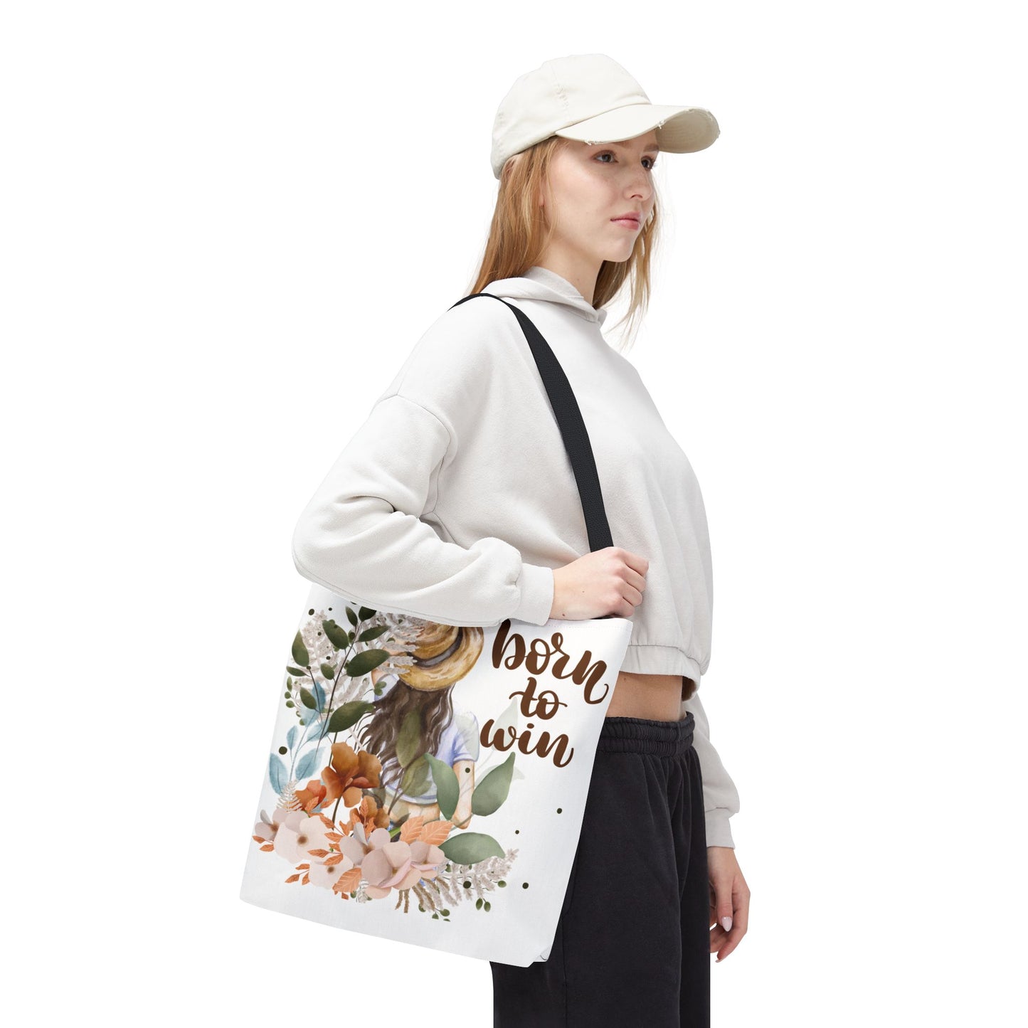 Floral Motivational Tote Bag – Born to Win, Eco-Friendly Gift