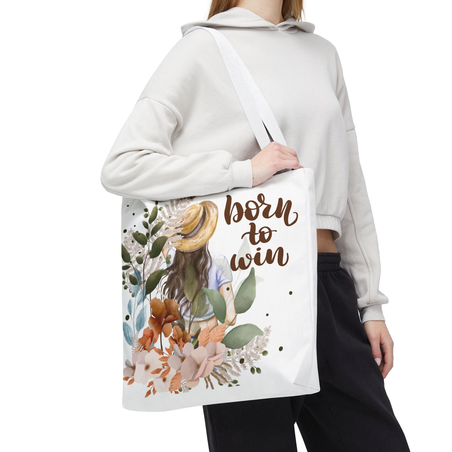 Floral Motivational Tote Bag – Born to Win, Eco-Friendly Gift