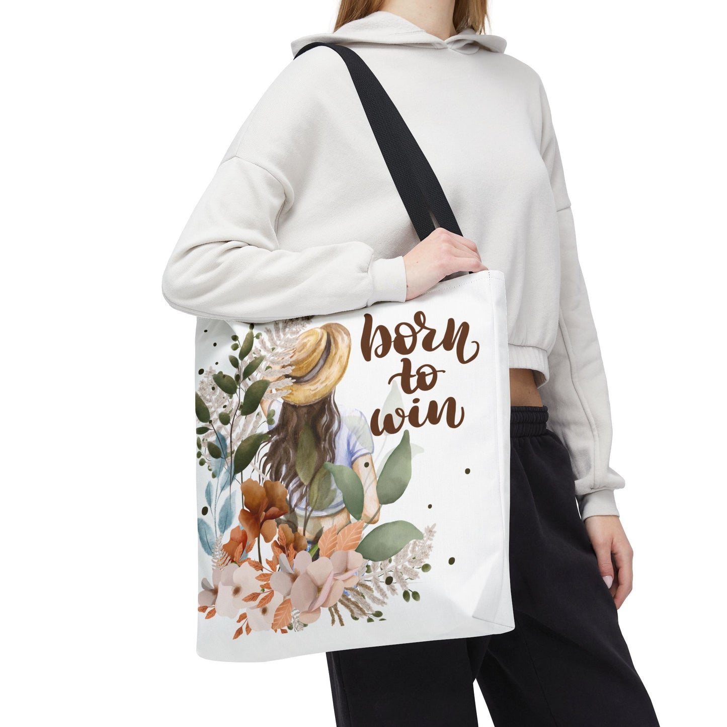 Floral Motivational Tote Bag – Born to Win, Eco-Friendly Gift