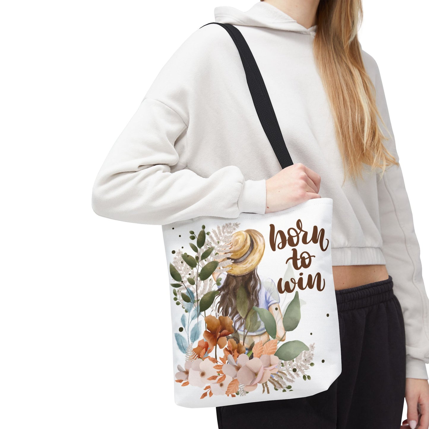 Floral Motivational Tote Bag – Born to Win, Eco-Friendly Gift