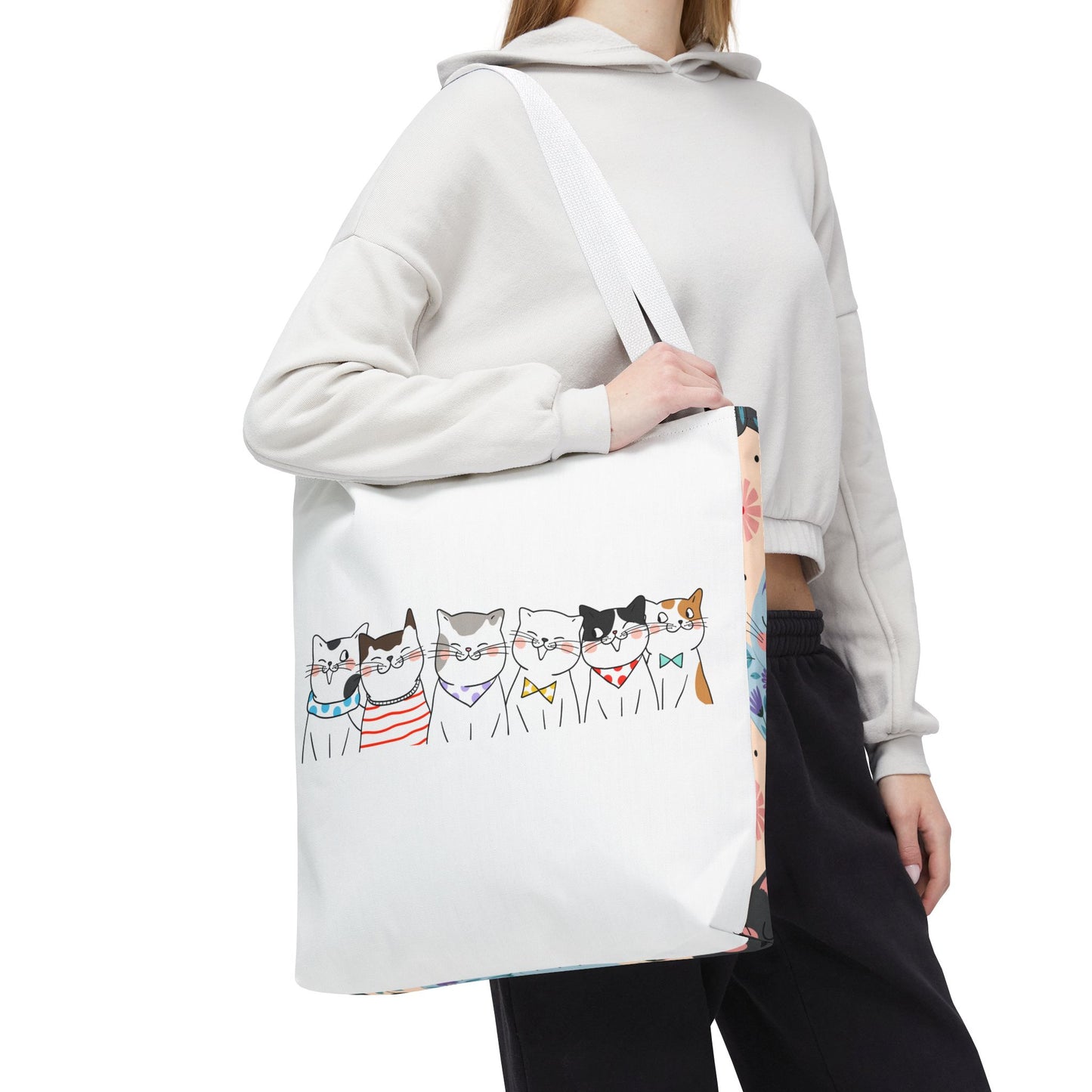 Cat-Themed Tote Bag – Cute Floral Cat Bag, Kawaii Gift for Cat Lovers, Eco-Friendly Canvas Shopping Bag
