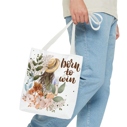 Floral Motivational Tote Bag – Born to Win, Eco-Friendly Gift