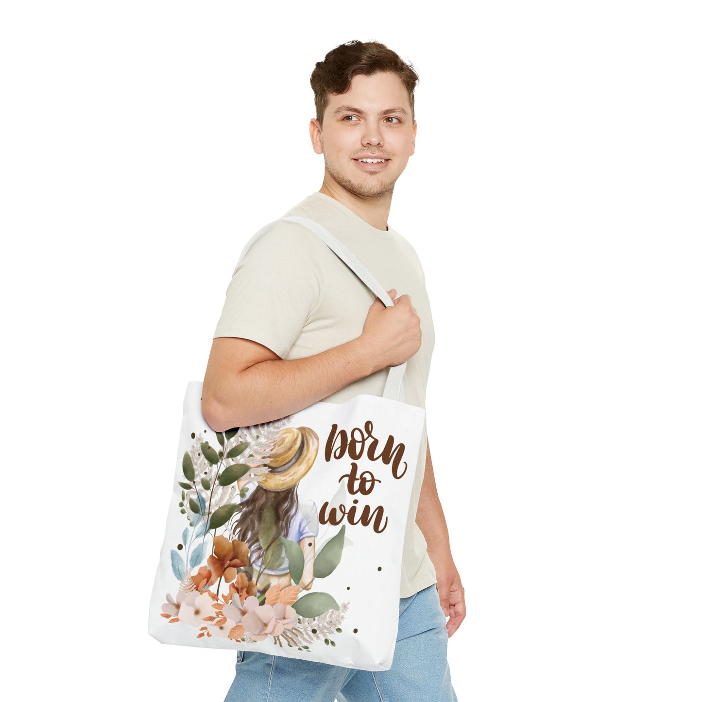 Floral Motivational Tote Bag – Born to Win, Eco-Friendly Gift