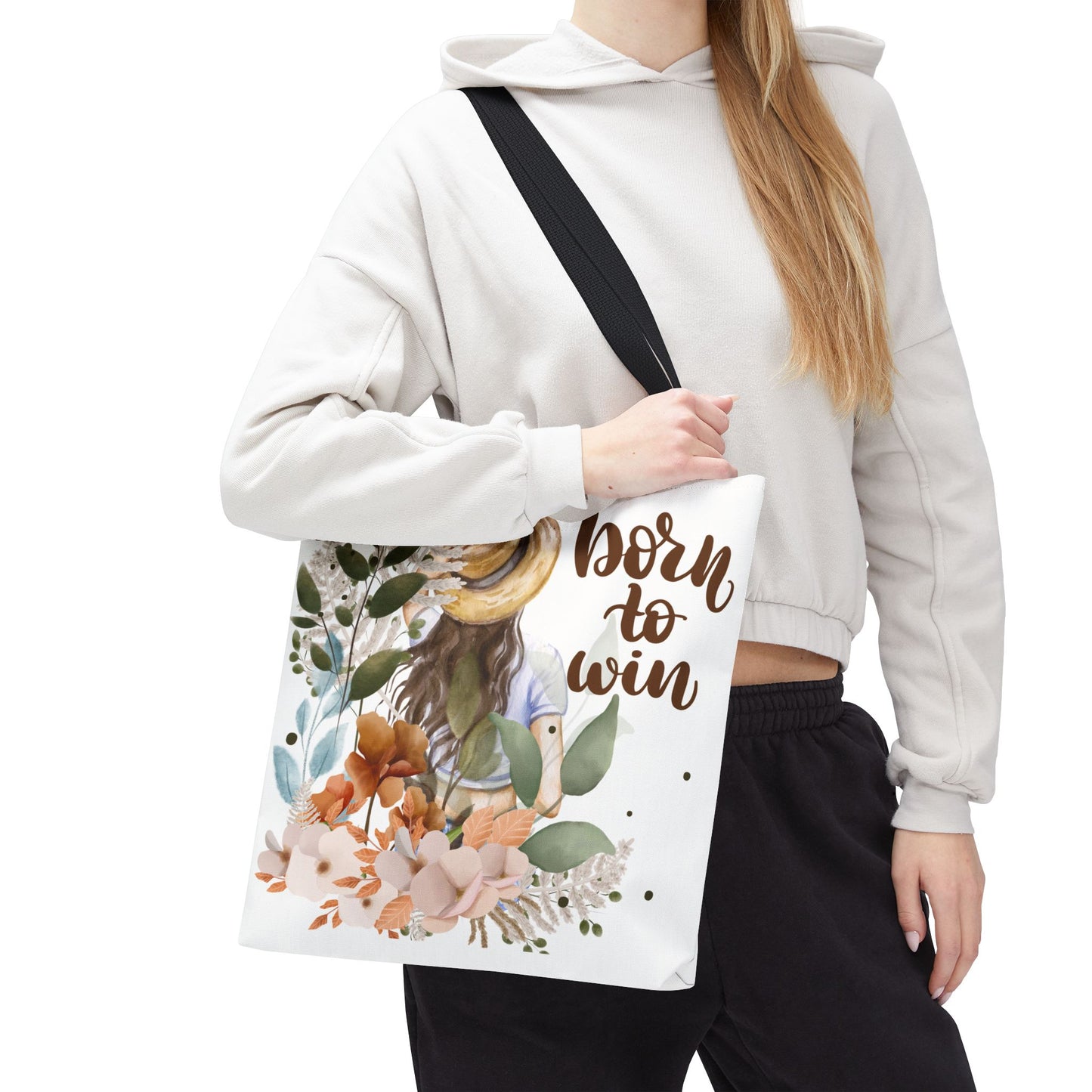 Floral Motivational Tote Bag – Born to Win, Eco-Friendly Gift