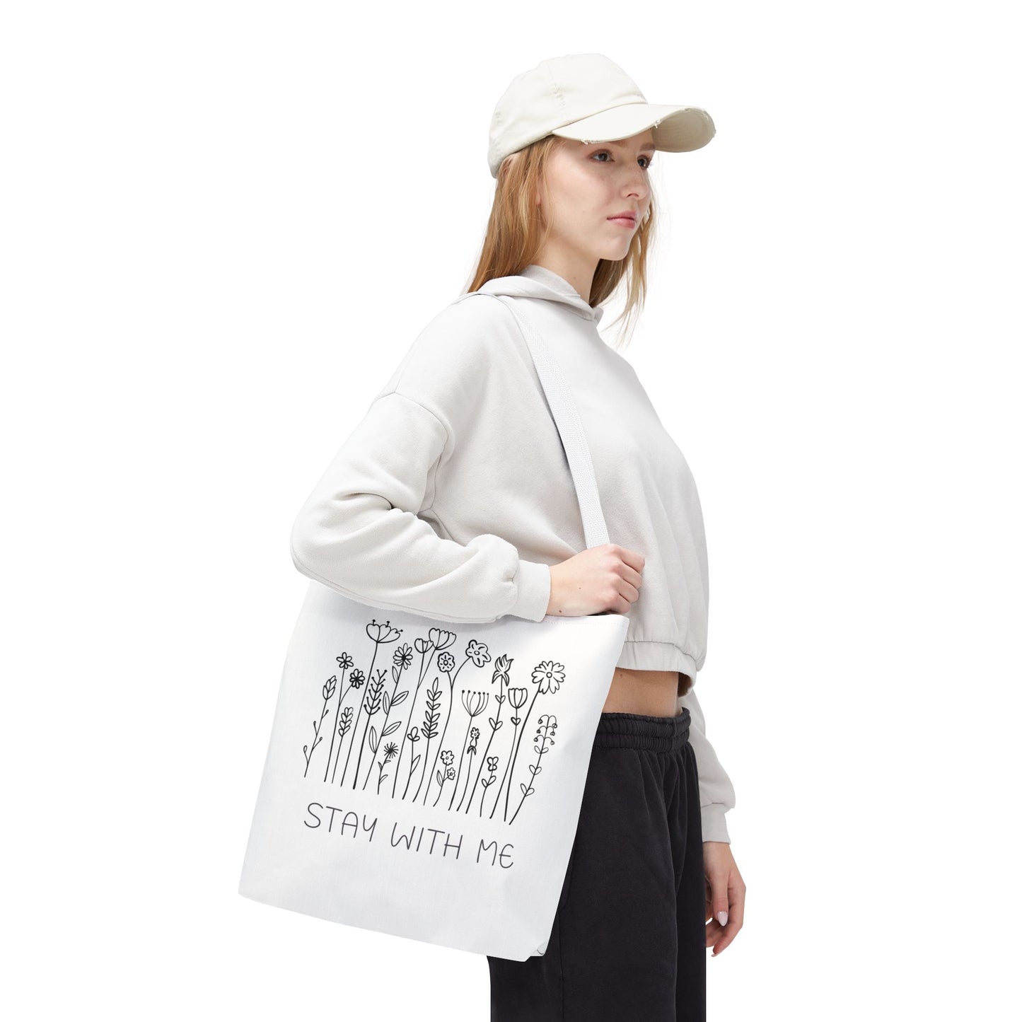 Floral Tote Bag - "Stay With Me" Design, Eco-Friendly Reusable Handbag, Everyday Carryall, Gift for Her