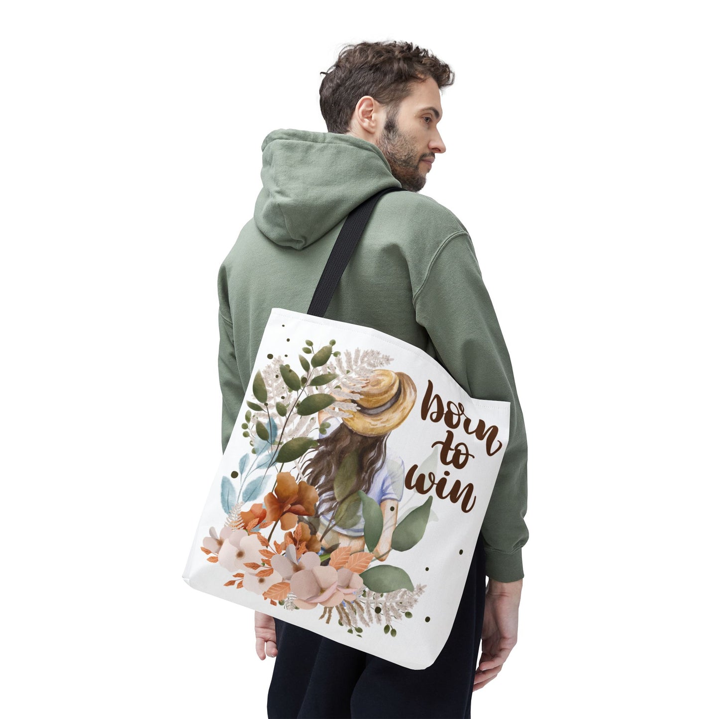 Floral Motivational Tote Bag – Born to Win, Eco-Friendly Gift