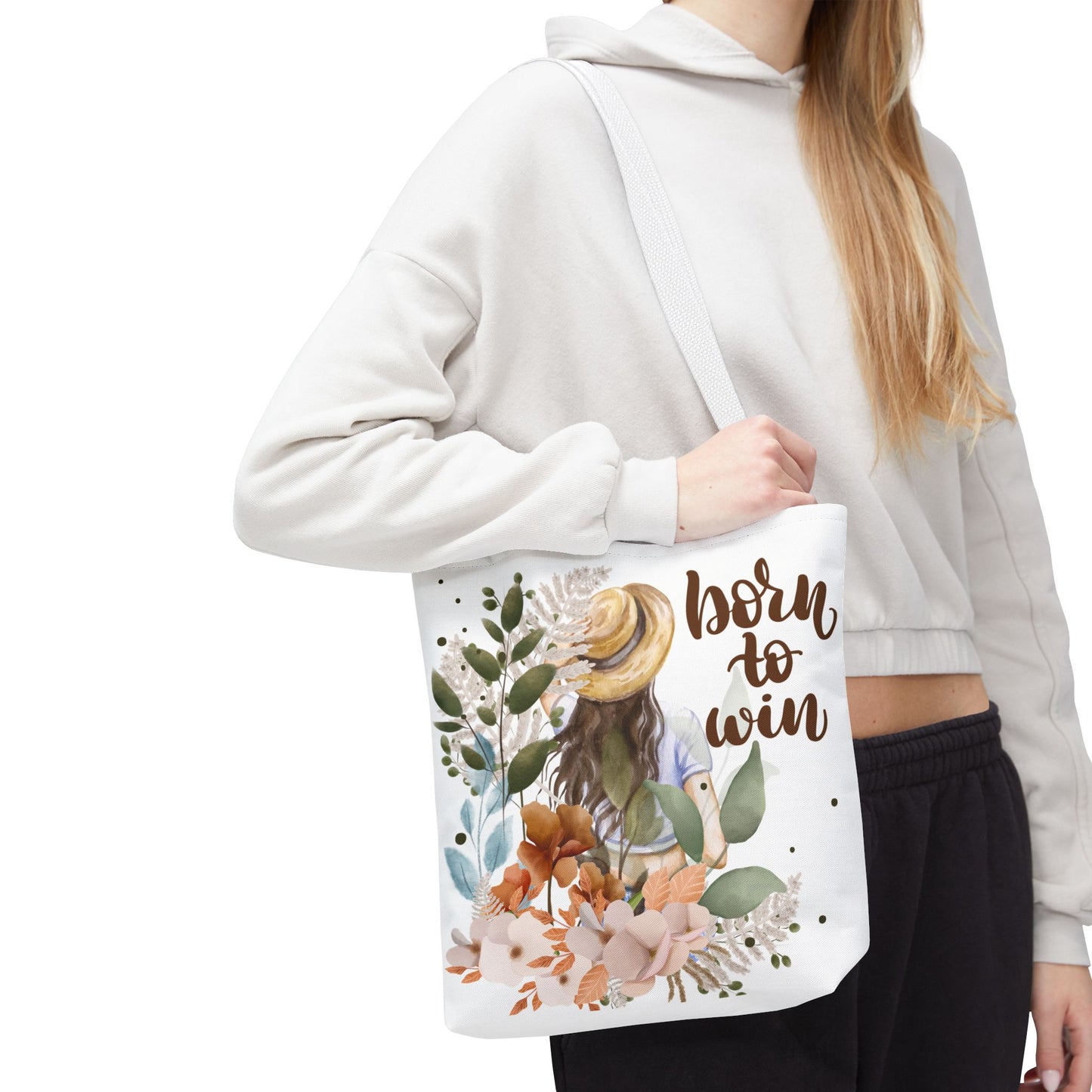 Floral Motivational Tote Bag – Born to Win, Eco-Friendly Gift